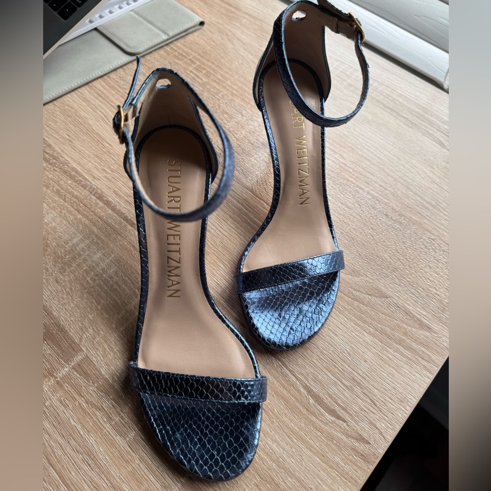 Stuart Weitzman Blue Snake Print Leather Open Toe Ankle Strap High Heel Size 5.5